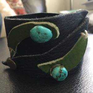 Black leather Turquoise cuff with w/ green accents